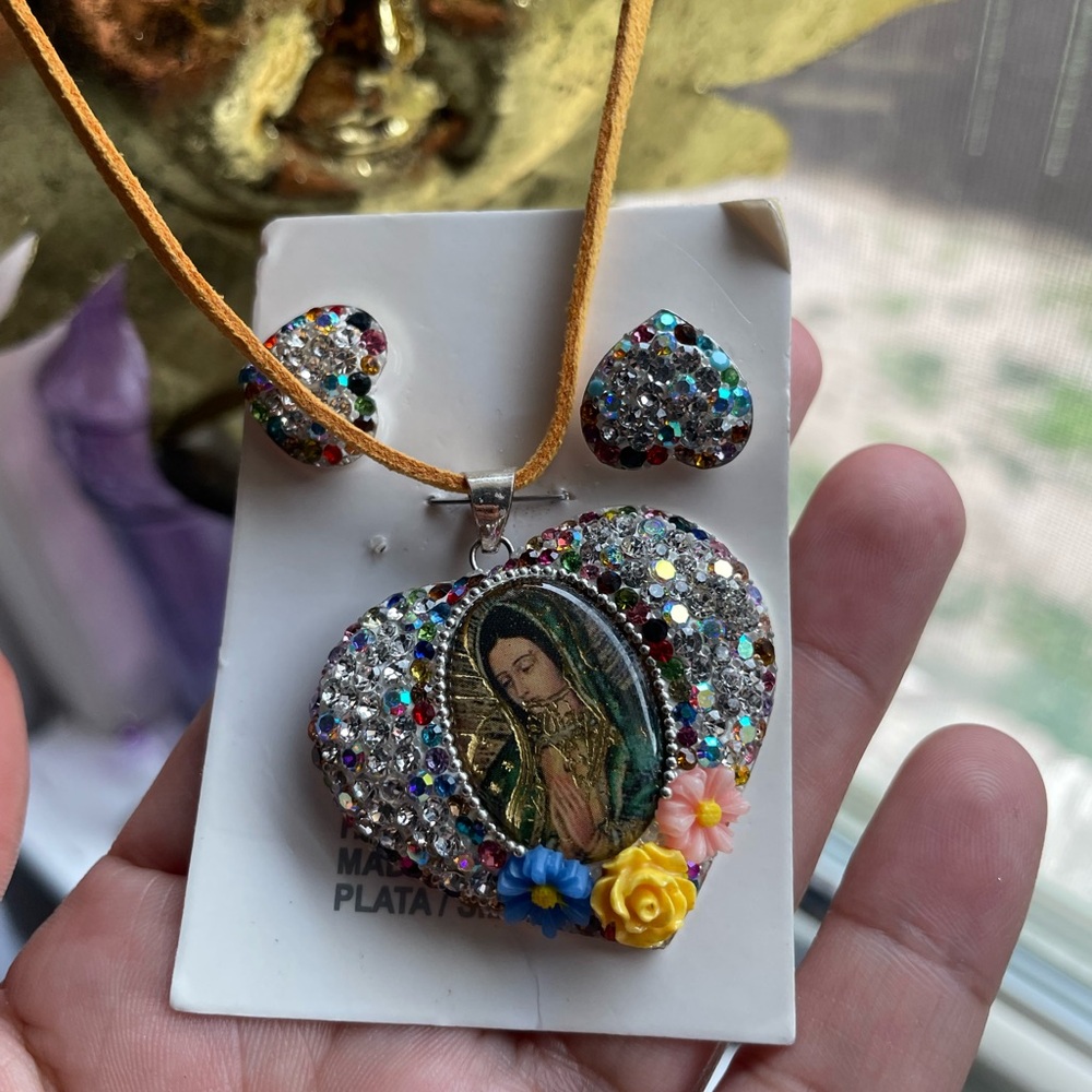 Our lady Guadalupe 925 sterling silver heart rhinestone pendant and earrings